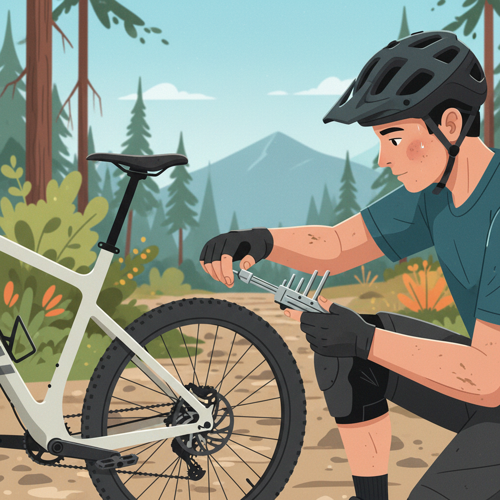 Ciclista de mountain bike realizando um ajuste fino na altura do selim, um passo fundamental para otimizar a postura e o conforto.