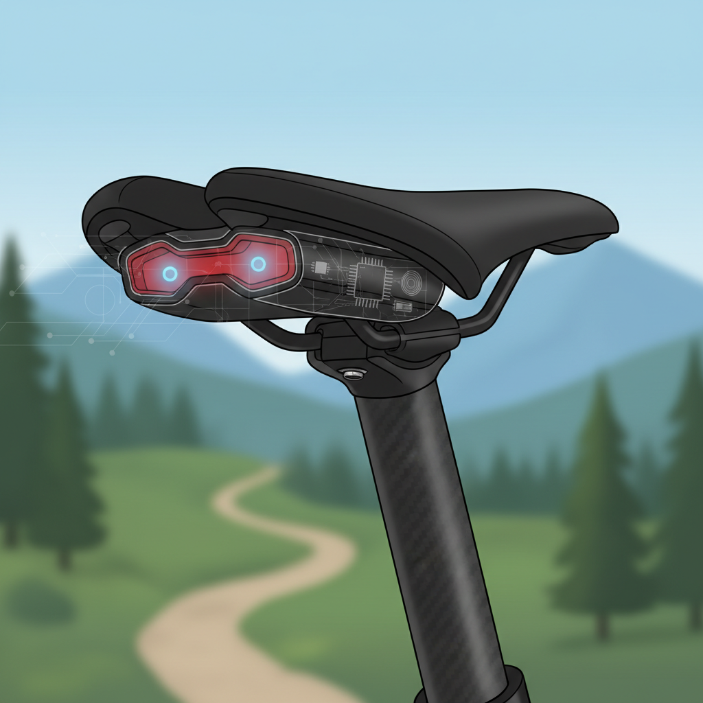Um rastreador GPS discreto e integrado a um componente da mountain bike, como uma luz traseira inteligente, mostrando a tecnologia de segurança quase invisível.