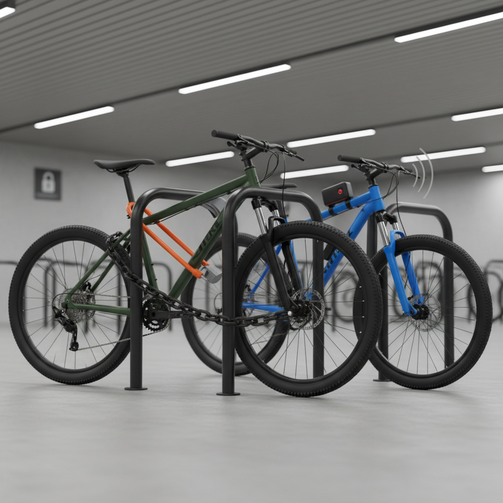 Duas mountain bikes exibindo diferentes estratégias de segurança: uma com trava U-lock e corrente, e outra com trava dobrável e sistema de alarme, em um bicicletário bem iluminado.