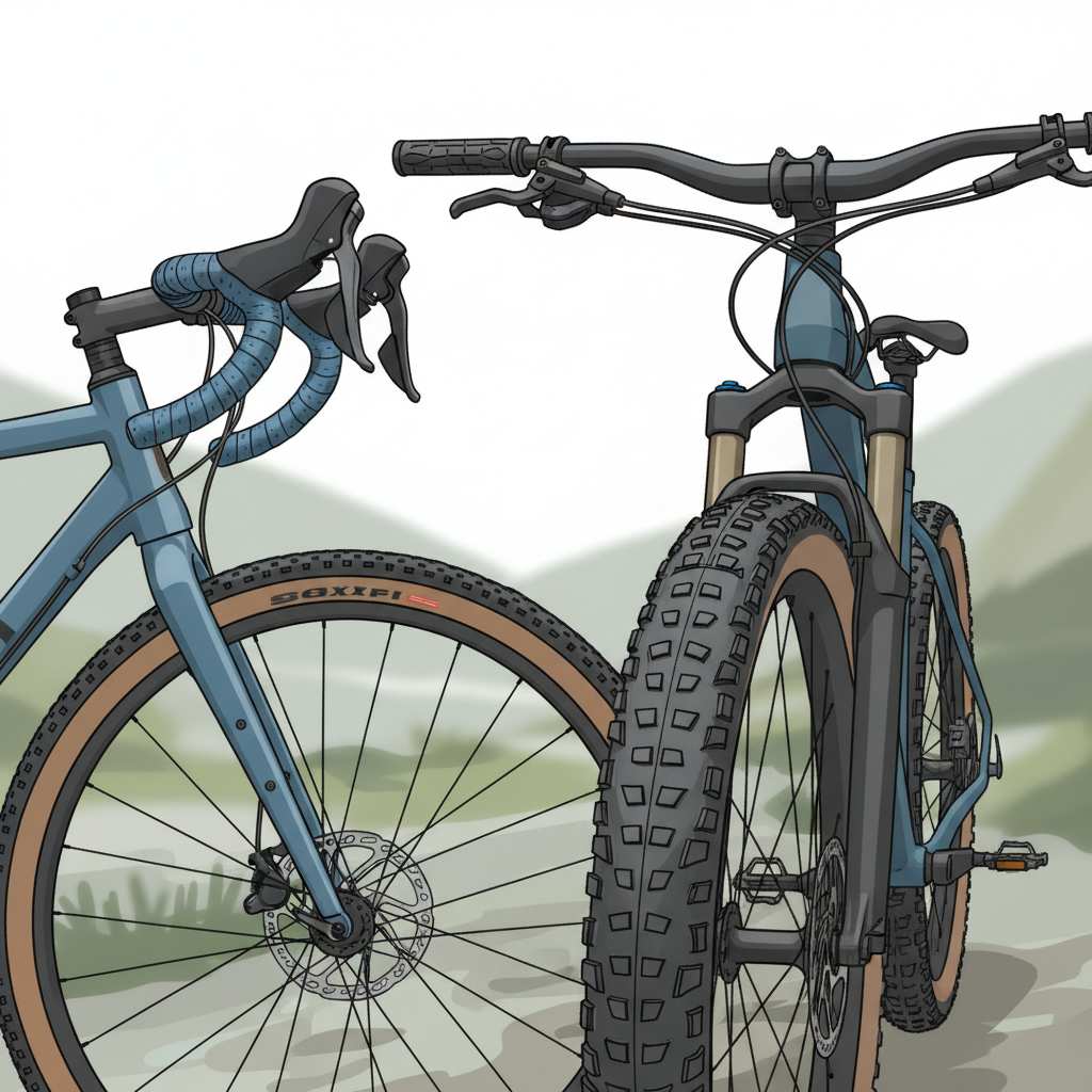 Comparativo lado a lado de uma bicicleta de gravel e uma mountain bike, evidenciando as diferenças nos pneus e tipos de guidão.