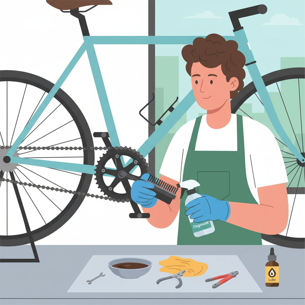 Um ciclista realizando manutenção básica na corrente da bicicleta, um passo crucial para a longevidade e desempenho de bikes gravel e MTB.