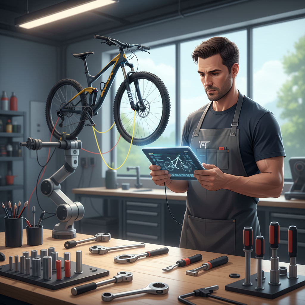 Mecânico profissional em uma oficina moderna, utilizando um dispositivo inteligente para realizar diagnósticos precisos, ilustrando a harmoniosa integração entre tecnologia e a perícia humana na manutenção de bicicletas.
