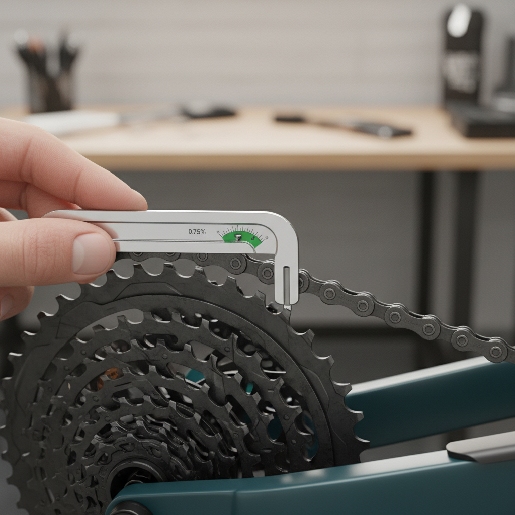 Verificando o desgaste da corrente de uma MTB elétrica, um passo crucial para a manutenção preventiva.