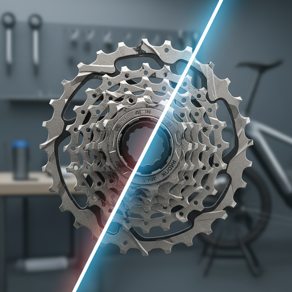 Comparativo entre um cassete desgastado e um novo, ilustrando a importância da substituição preventiva para evitar falhas na transmissão.