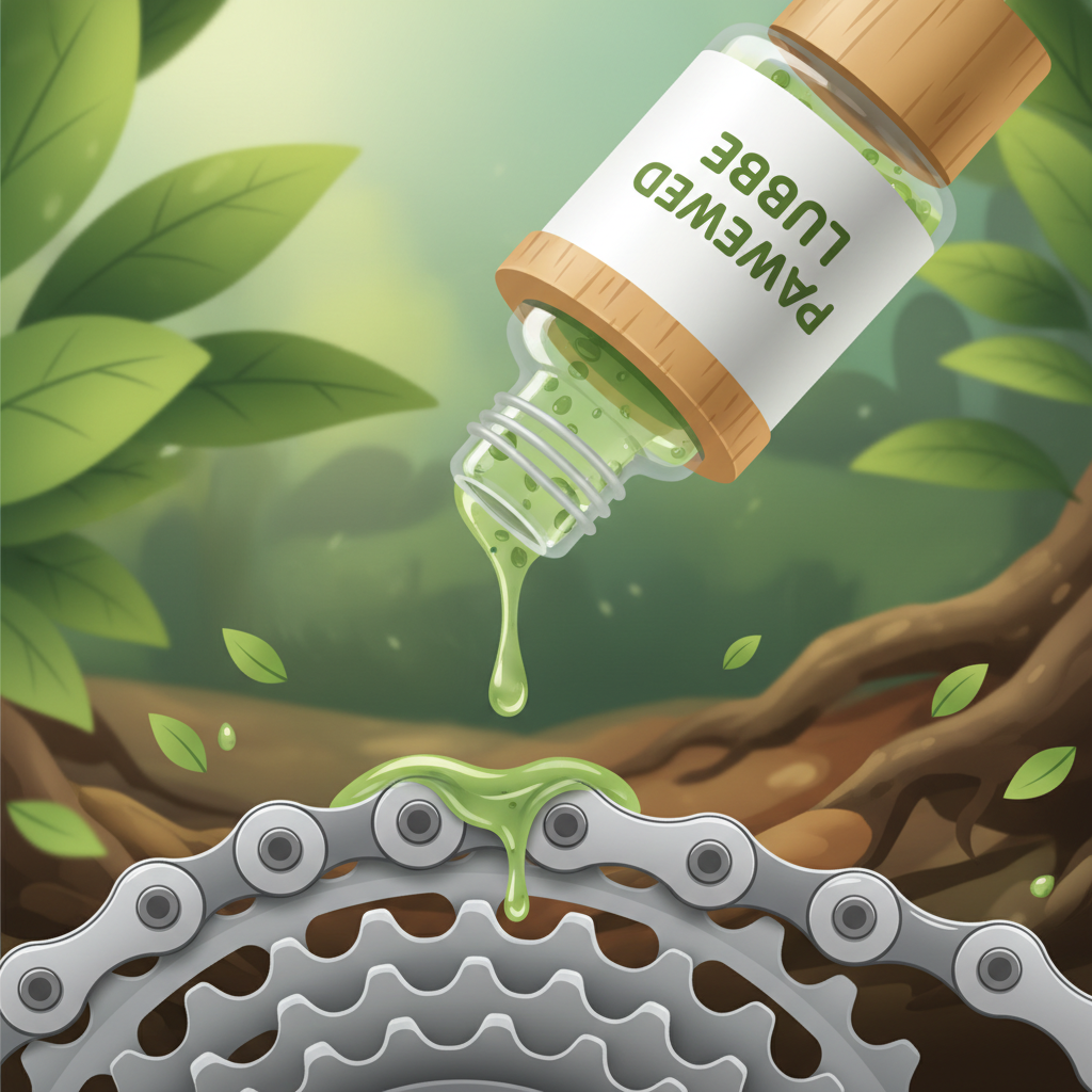 Detalhe de uma corrente de bicicleta sendo lubrificada com um produto ecológico, destacando a manutenção sustentável.