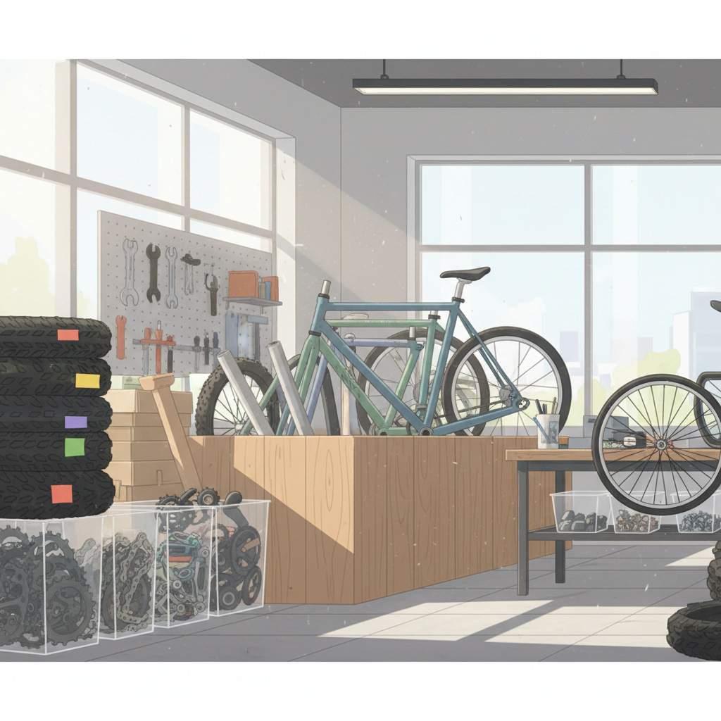 Peças de bicicleta separadas para reciclagem e reutilização, mostrando o compromisso com a economia circular.