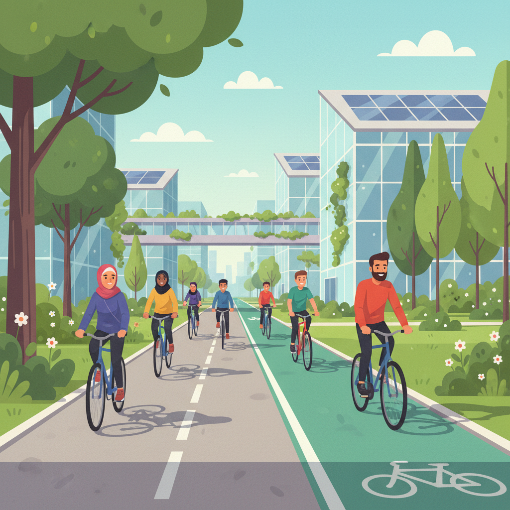 Ciclistas diversos pedalando em uma ciclovia moderna, representando a mobilidade urbana sustentável e a comunidade.