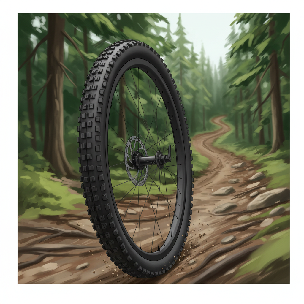 Detalhe de uma roda 27.5 polegadas em uma trilha técnica e sinuosa, destacando sua agilidade e capacidade de manobra em terrenos desafiadores.
