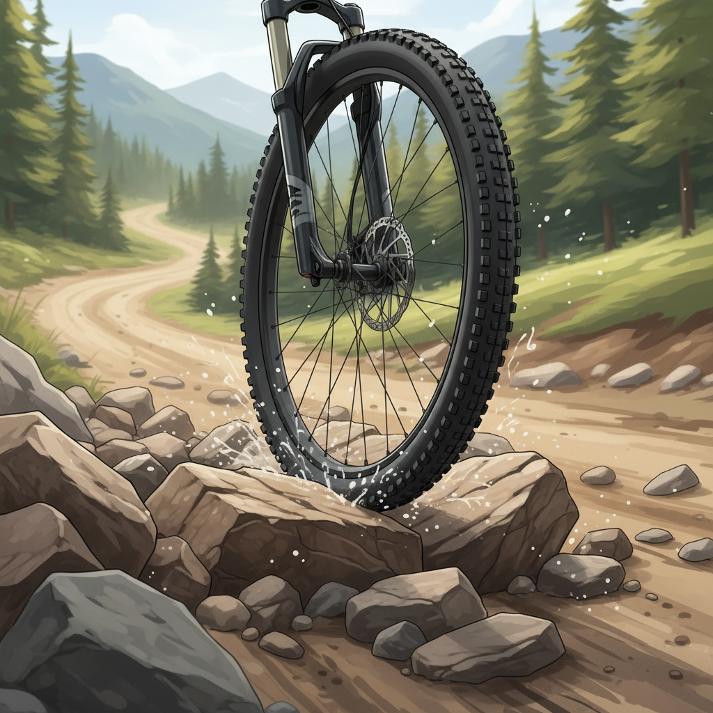 Uma roda 29 polegadas superando uma série de pedras em uma trilha, ilustrando sua eficiência na rolagem sobre obstáculos e a estabilidade em terrenos acidentados.