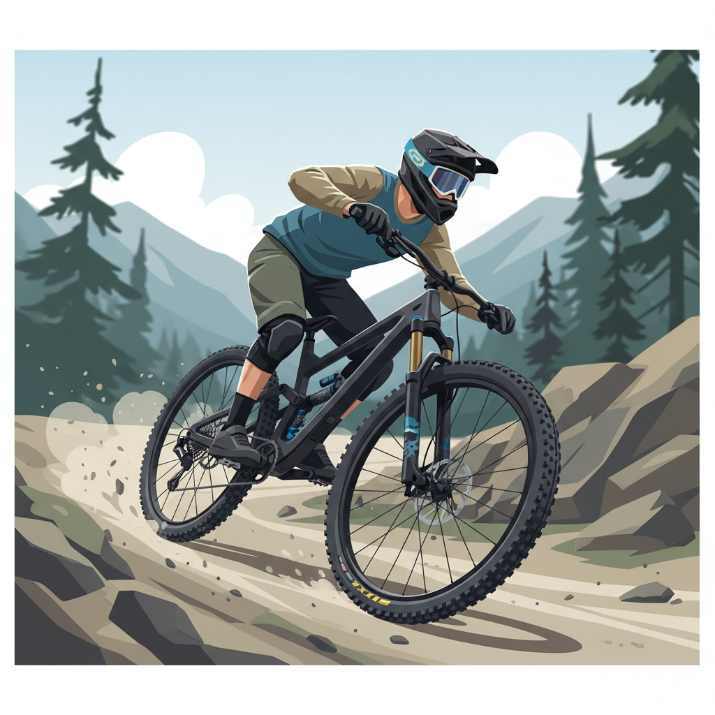 Uma bicicleta de mountain bike com configuração 'mullet' (29 polegadas na frente, 27.5 atrás) em ação numa descida agressiva, exemplificando a tendência de combinar estabilidade e agilidade.