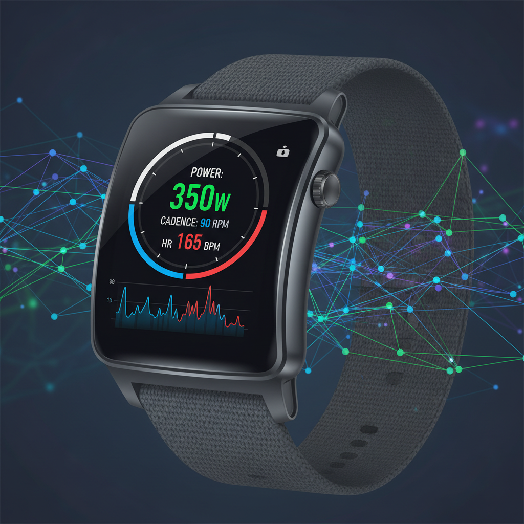 Um smartwatch exibindo métricas de ciclismo em tempo real, como potência, cadência e frequência cardíaca, com gráficos abstratos de IA ao fundo, ilustrando a análise de dados.