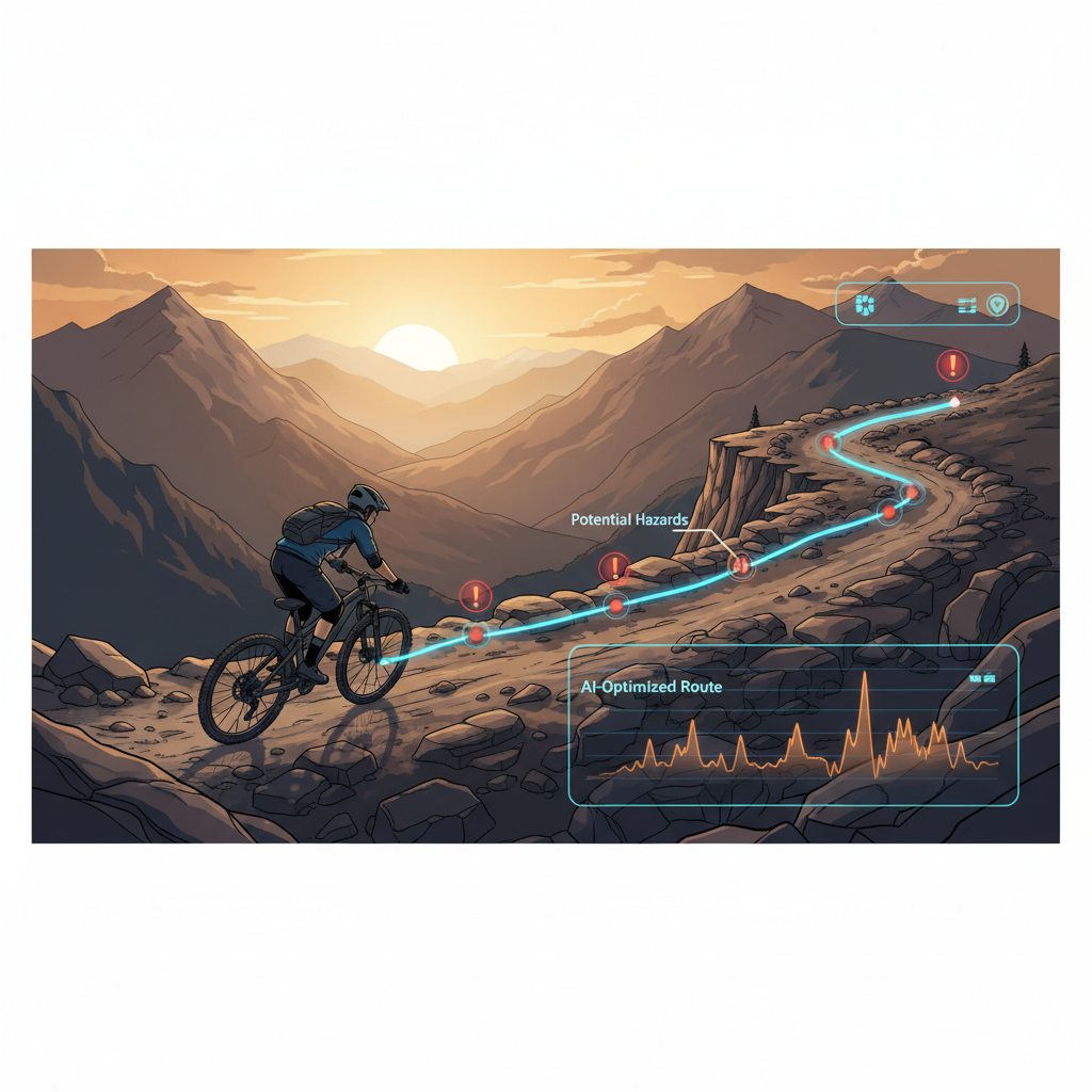 Vista panorâmica de um ciclista de mountain bike navegando em uma trilha desafiadora, com uma sobreposição transparente mostrando uma rota otimizada gerada por IA, destacando os perigos potenciais e o perfil de elevação.
