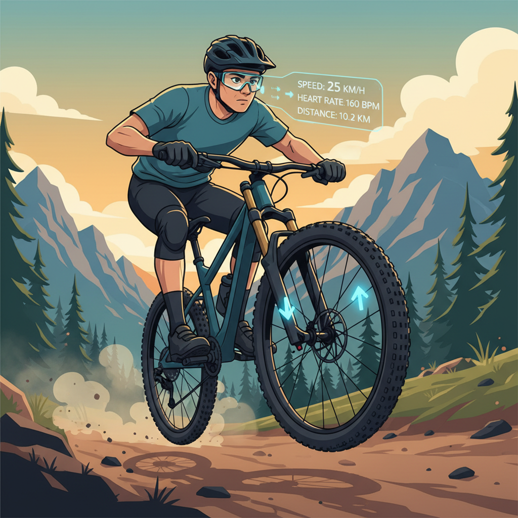 Um ciclista de mountain bike usando óculos inteligentes, com um display heads-up mostrando setas de navegação e dados de desempenho projetados na trilha. O ciclista está focado e em movimento, aproveitando a IA.