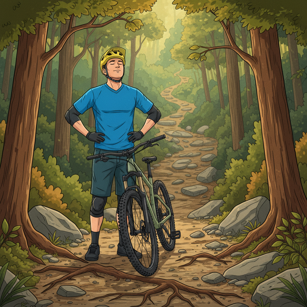 Um ciclista faz uma pausa em uma trilha técnica, respirando fundo e visualizando o próximo trecho desafiador.