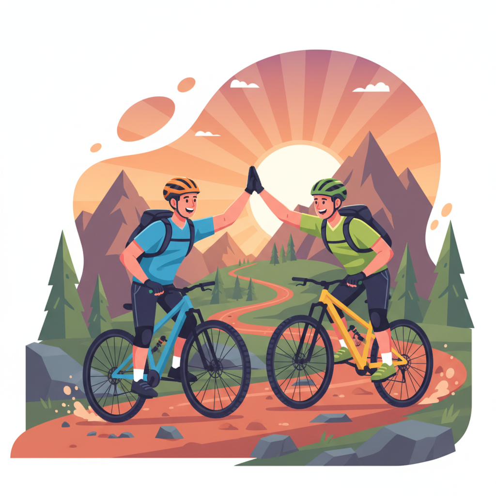 Dois ciclistas comemoram uma seção difícil da trilha com um high-five, celebrando a camaradagem e a conquista mútua.