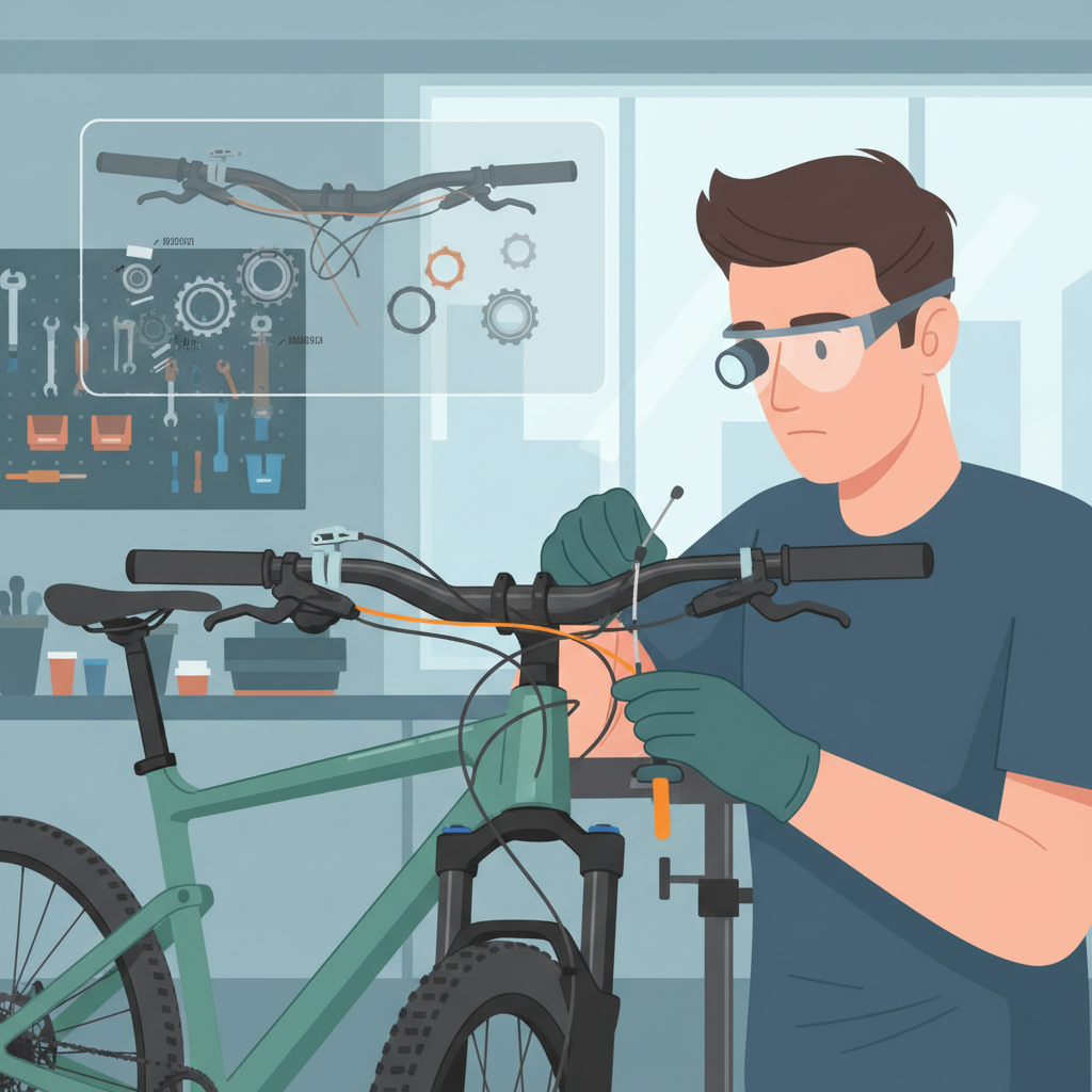 Um mecânico de bicicletas realizando um ajuste detalhado em um cockpit integrado, ilustrando a complexidade da manutenção.