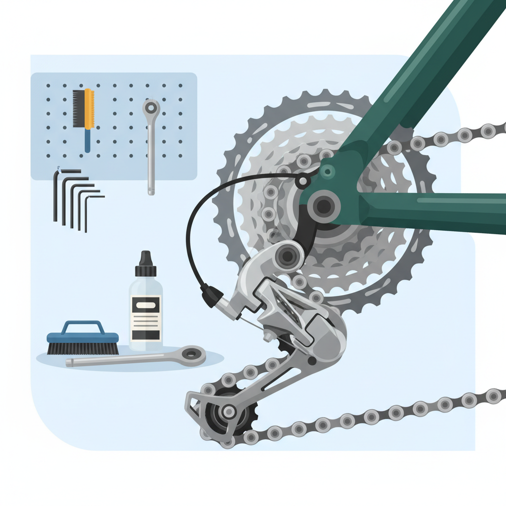 Detalhe da transmissão de uma bicicleta híbrida, evidenciando a importância da limpeza e lubrificação para garantir o bom funcionamento e a durabilidade dos componentes.