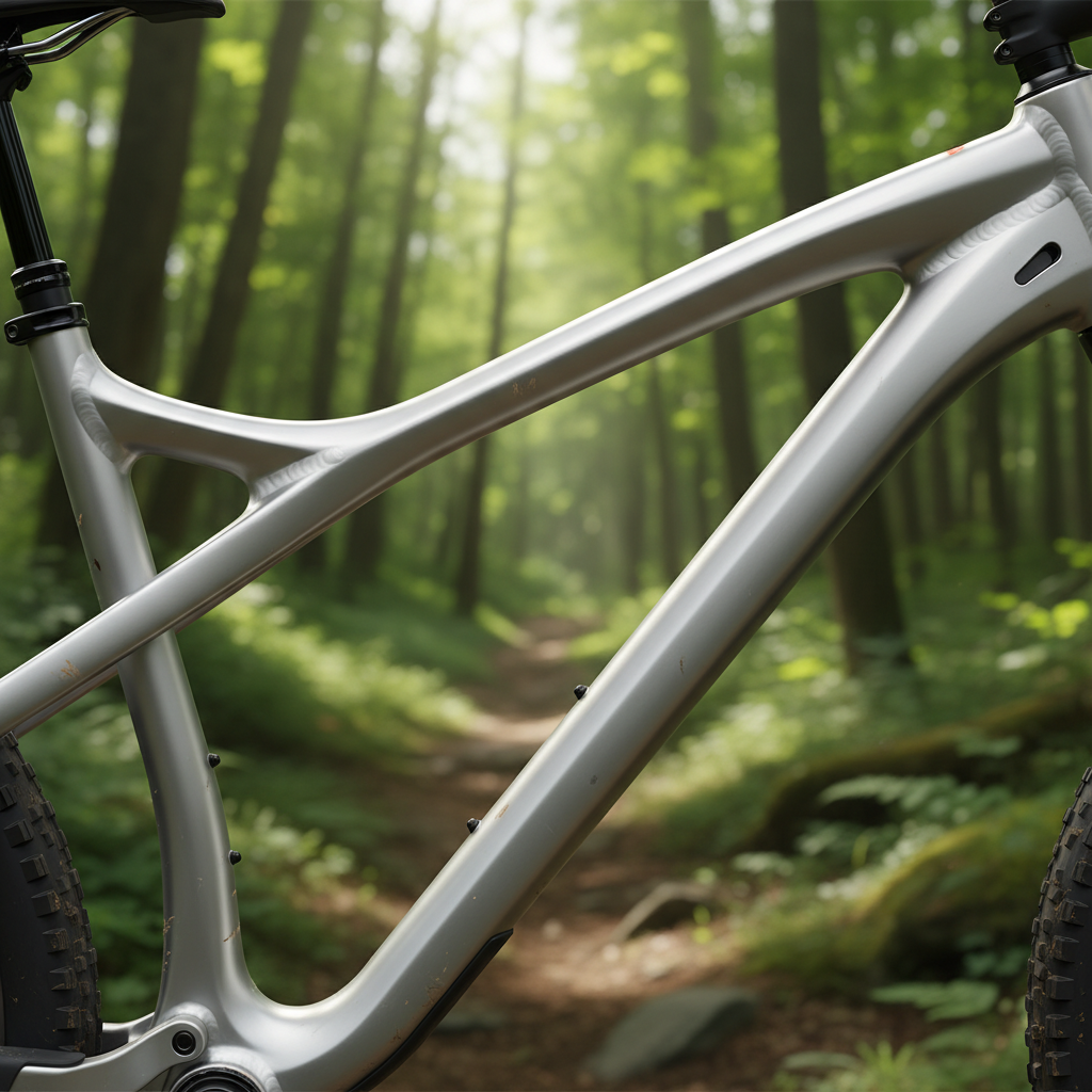 Detalhe de um quadro de alumínio hidroformado, destacando a engenharia focada na durabilidade e performance em trilhas rurais.