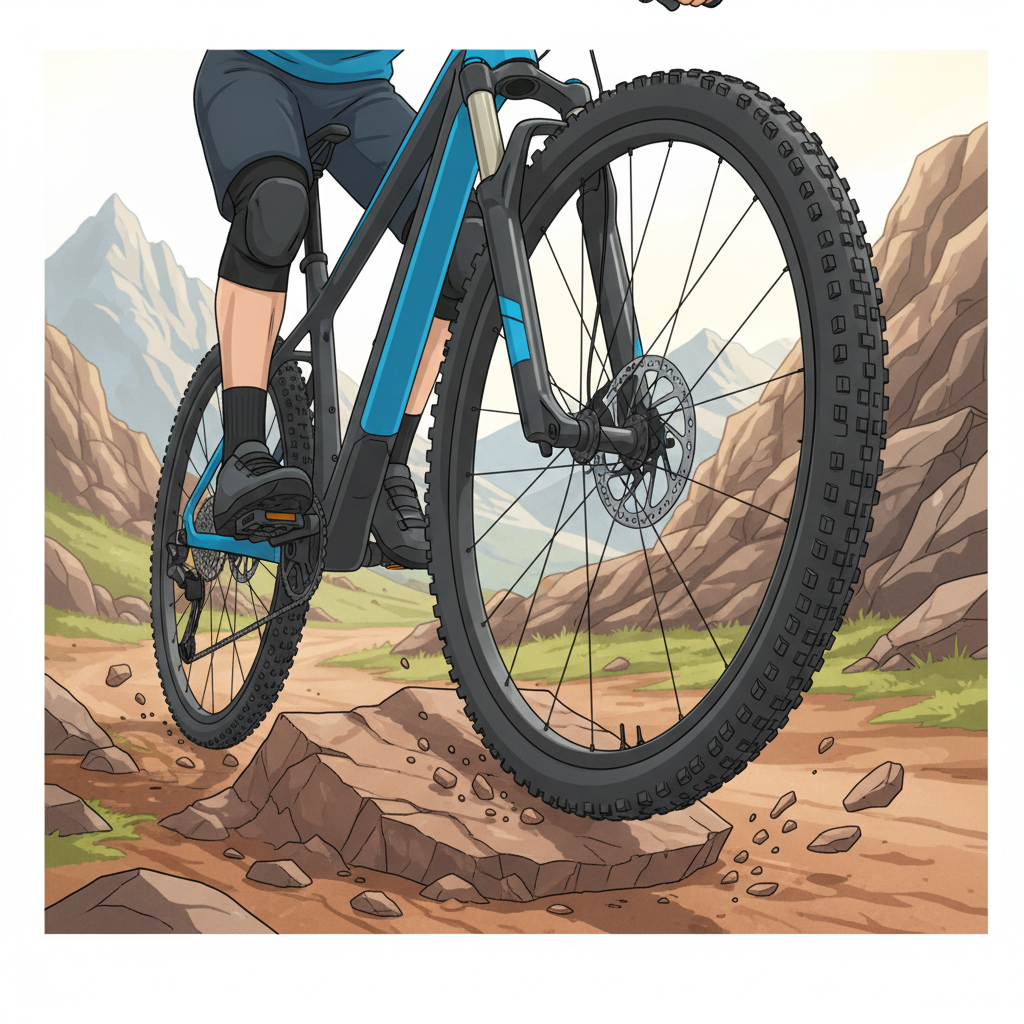 Ciclista de mountain bike enfrentando uma trilha rochosa, ilustrando a capacidade dos pneus sem ar de lidar com terrenos desafiadores e exigentes.