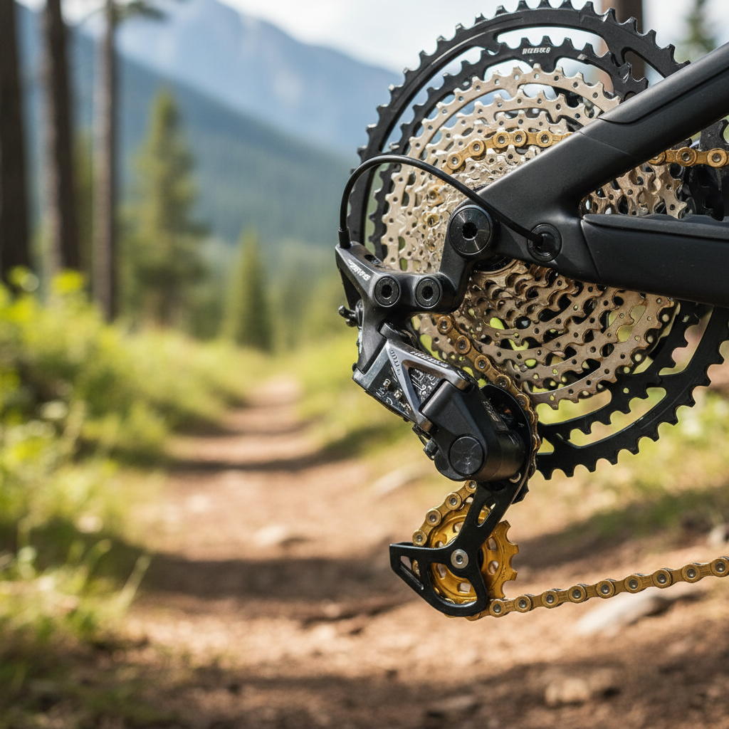 Detalhe de um câmbio eletrônico sem fio SRAM AXS em uma mountain bike, evidenciando a ausência de cabos e o design limpo, pronto para a trilha.