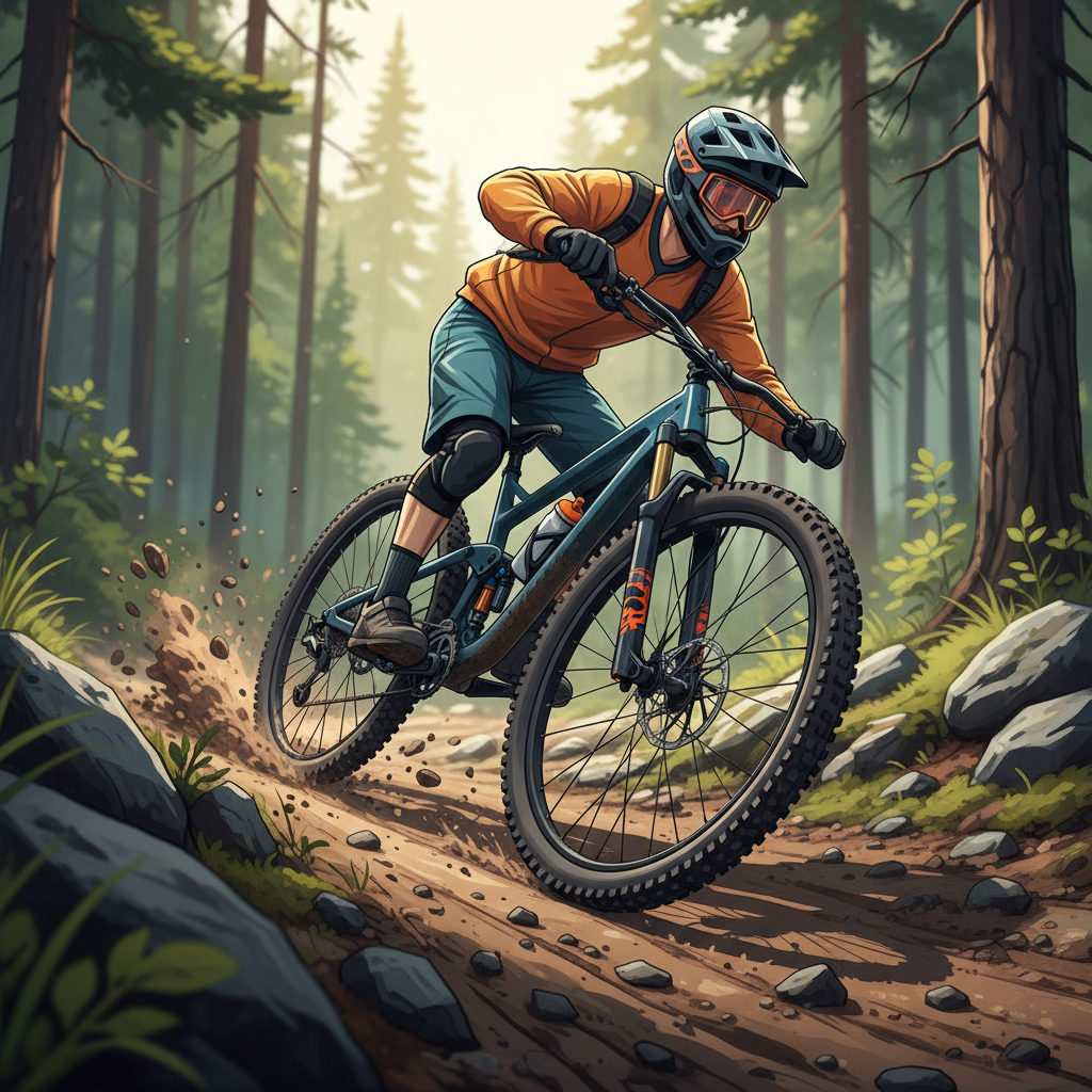 Um ciclista de MTB em plena ação, trilhando por terreno rochoso e enlameado, demonstrando a capacidade de aderência e tração dos pneus em condições desafiadoras.