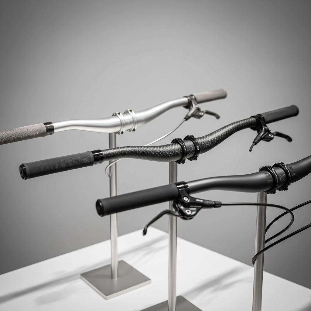 Detalhe de guidões de mountain bike, evidenciando a diversidade de materiais, larguras e rises disponíveis no mercado para diferentes estilos de pilotagem.