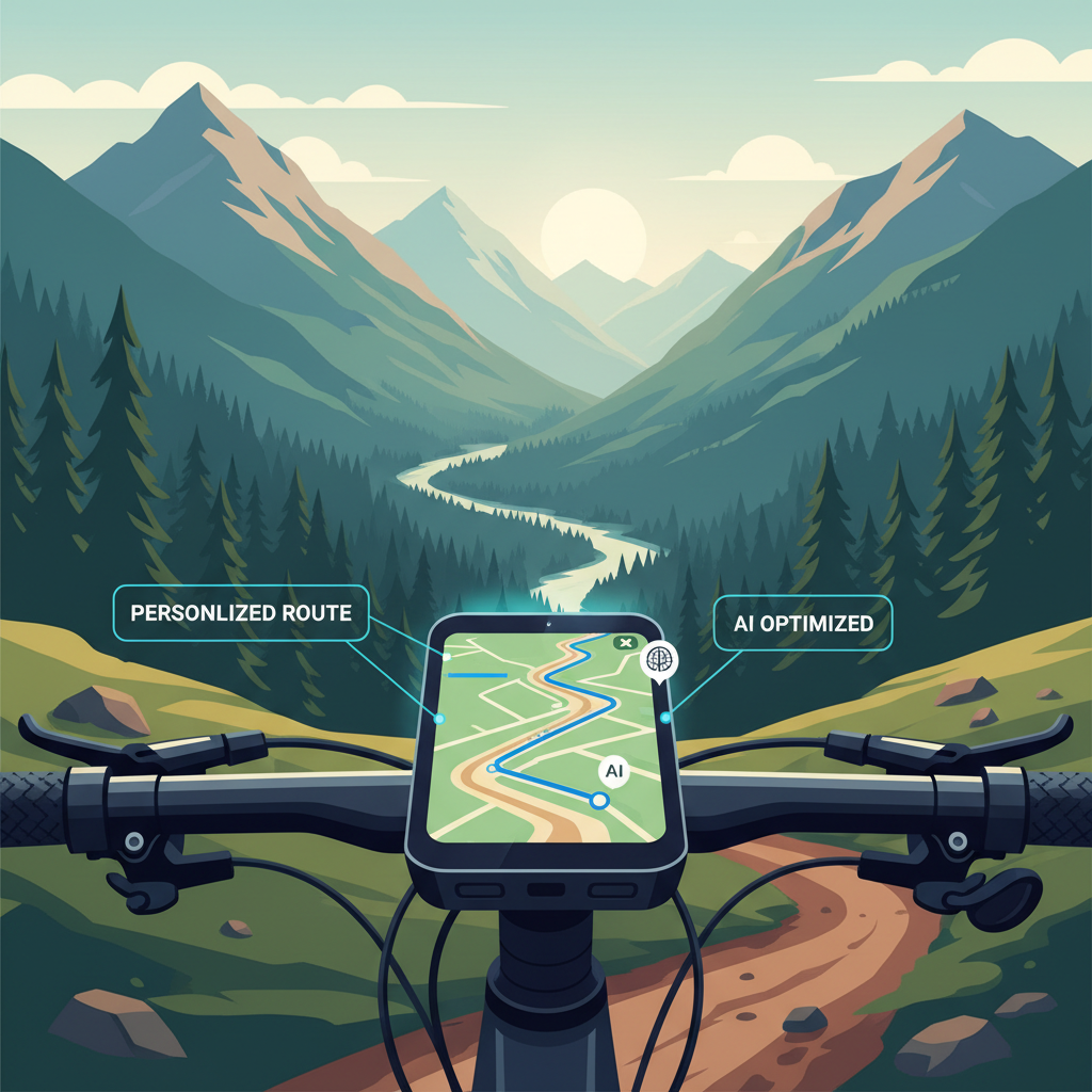 Um ciclocomputador inteligente exibindo sugestões de rota geradas por IA no guidão de uma mountain bike, com uma trilha panorâmica ao fundo, demonstrando o planejamento personalizado de rotas.