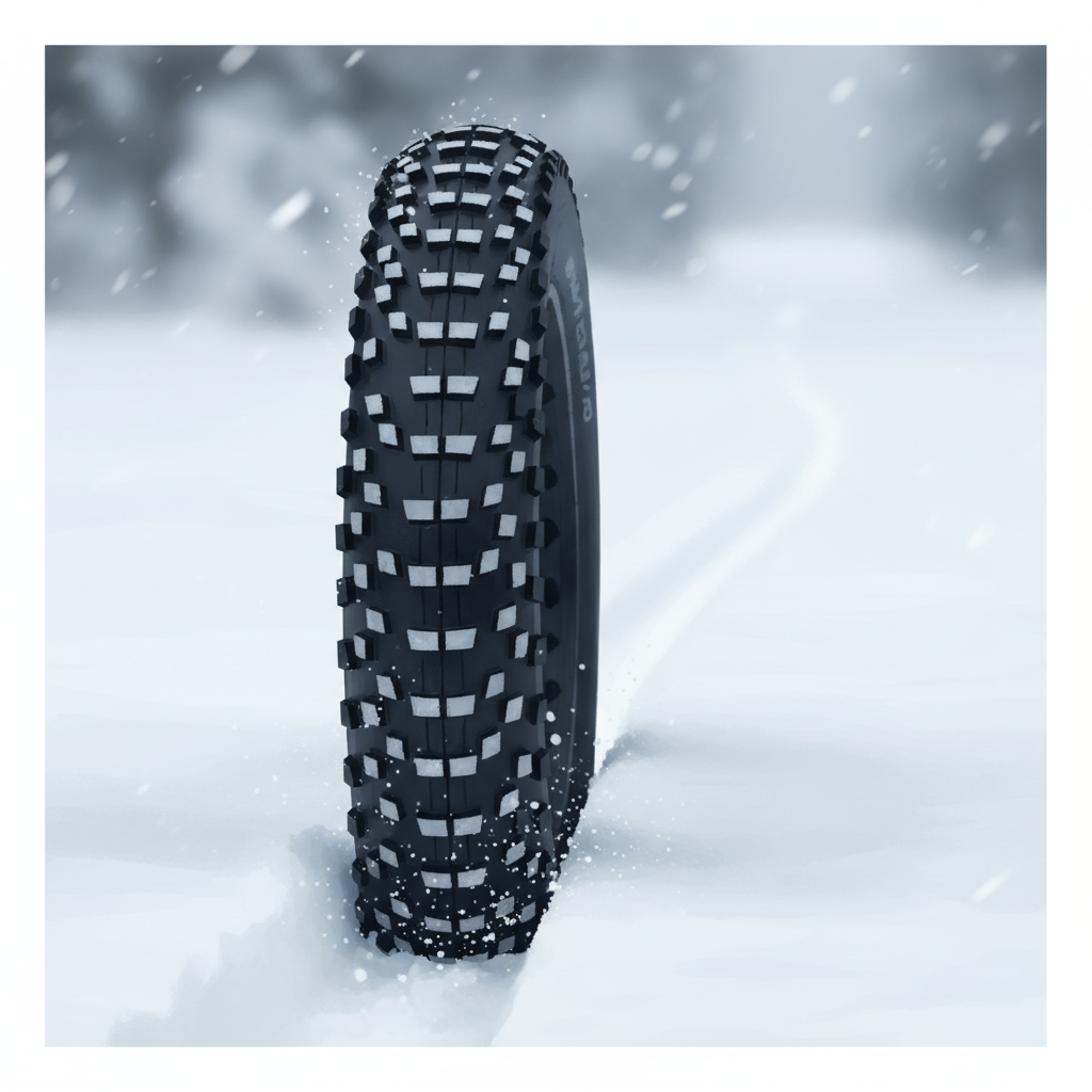 Detalhe de um pneu de fat bike com cravos largos e pronunciados, demonstrando a aderência necessária para pedalar em neve fofa.
