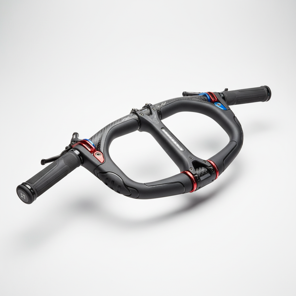 Vista aproximada de um volante bi-direcional de MTB, detalhando as diferentes posições das mãos.