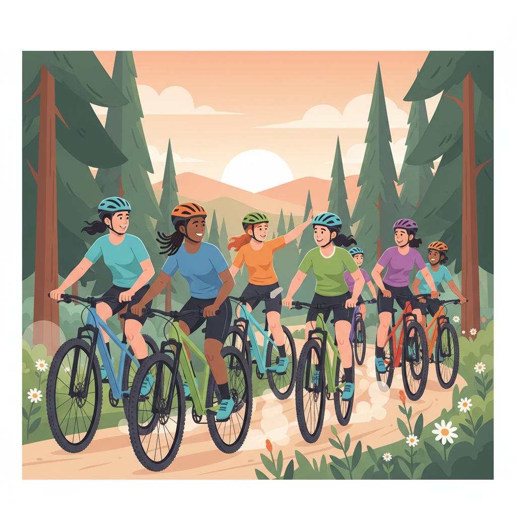Um grupo diverso de mulheres ciclistas desfruta de um pedal em grupo, representando a comunidade e a paixão compartilhada pelo mountain bike.