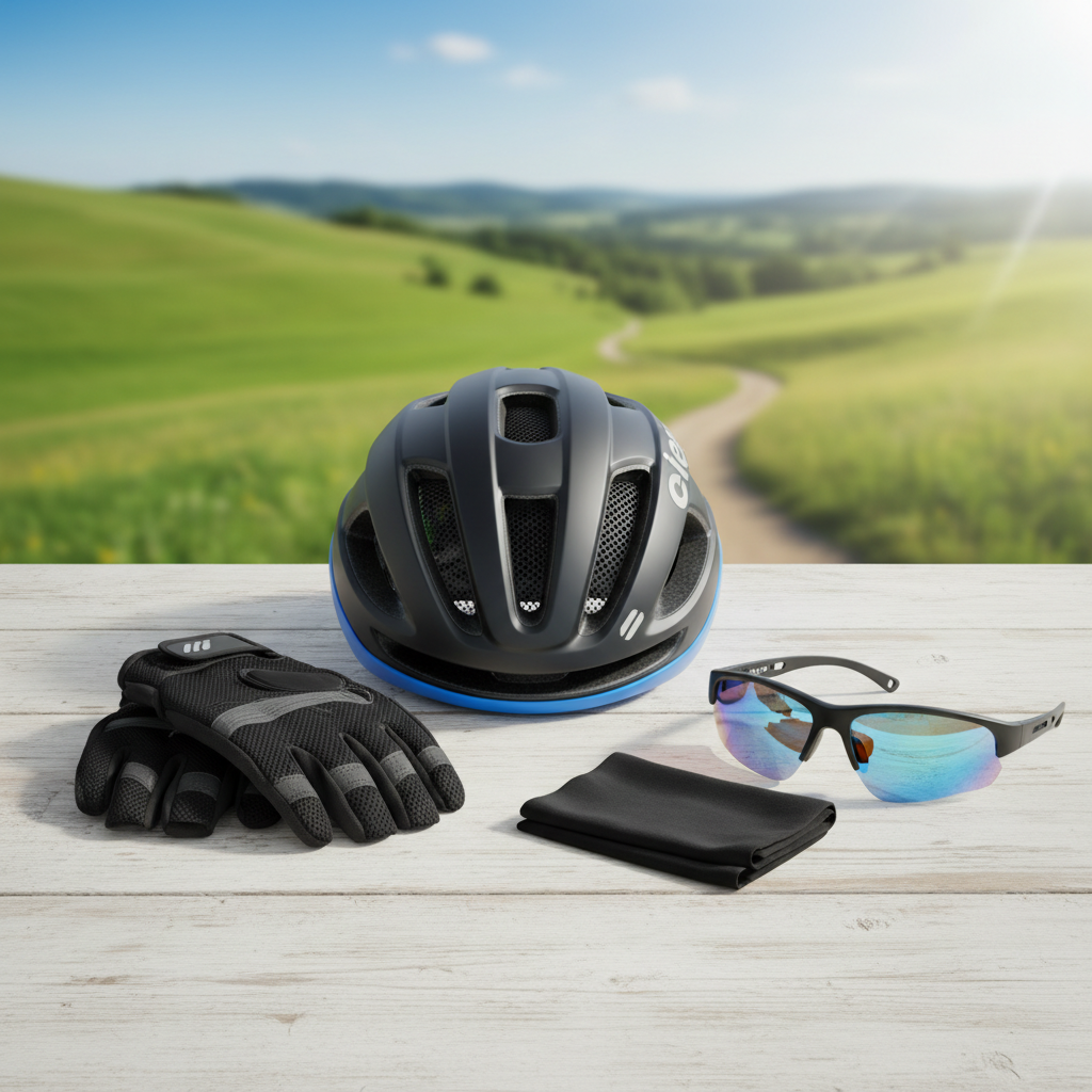 Capacete, óculos e luvas de ciclismo, itens essenciais para qualquer pedalada segura e confortável.