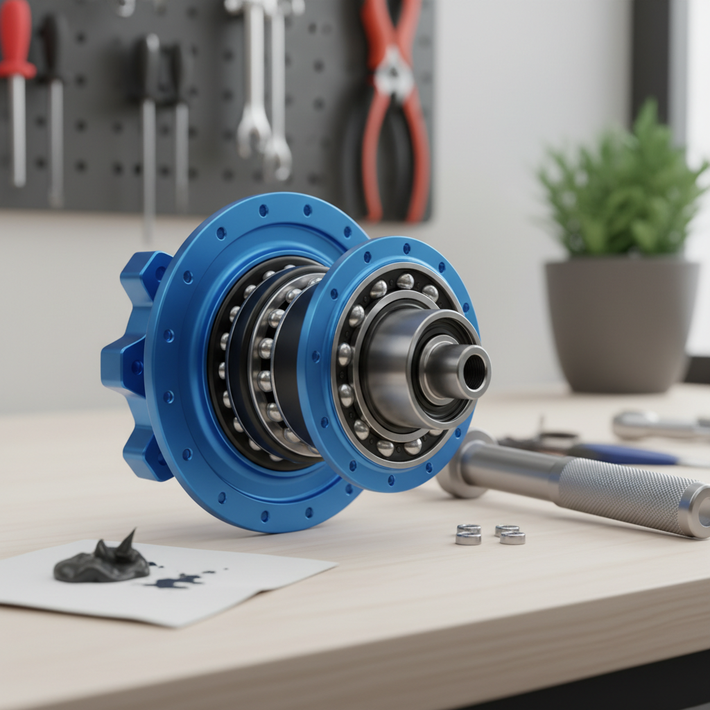 Detalhe de um cubo de roda de mountain bike, evidenciando os rolamentos selados em seu interior e ferramentas próximas, representanto a importância da manutenção para sua longevidade.