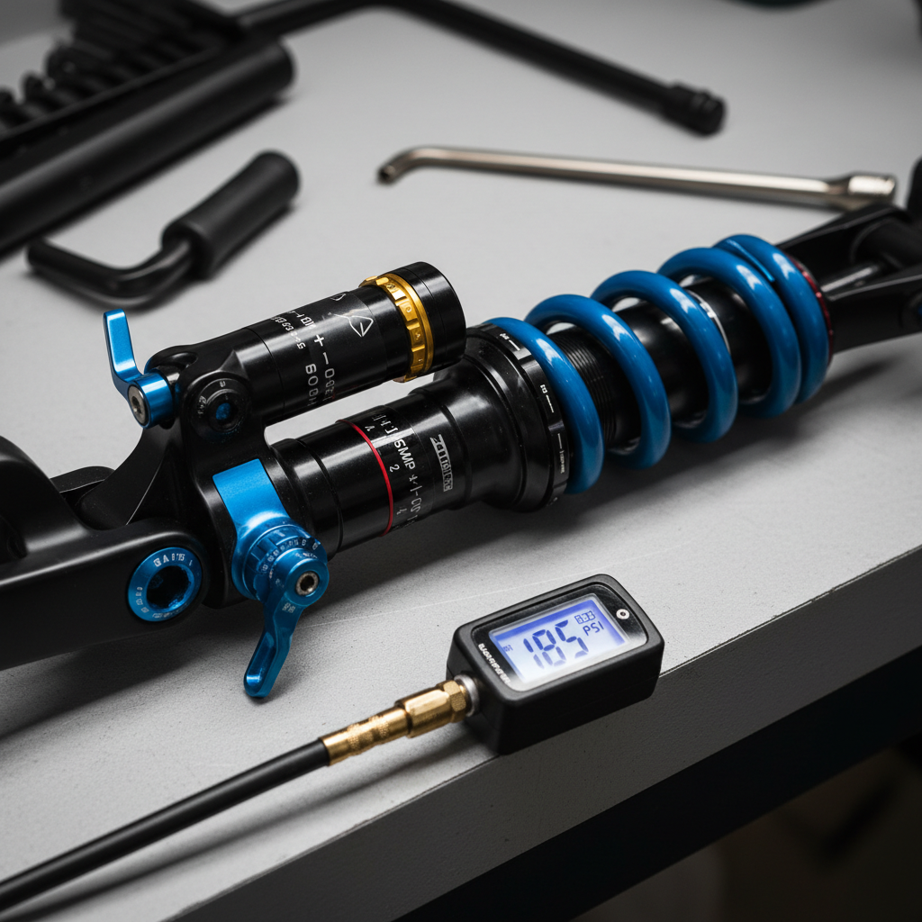 Detalhe técnico: o amortecedor traseiro de uma MTB com suas marcações de ajuste finas, ao lado de uma bomba de suspensão digital, ilustra a precisão necessária na calibração.