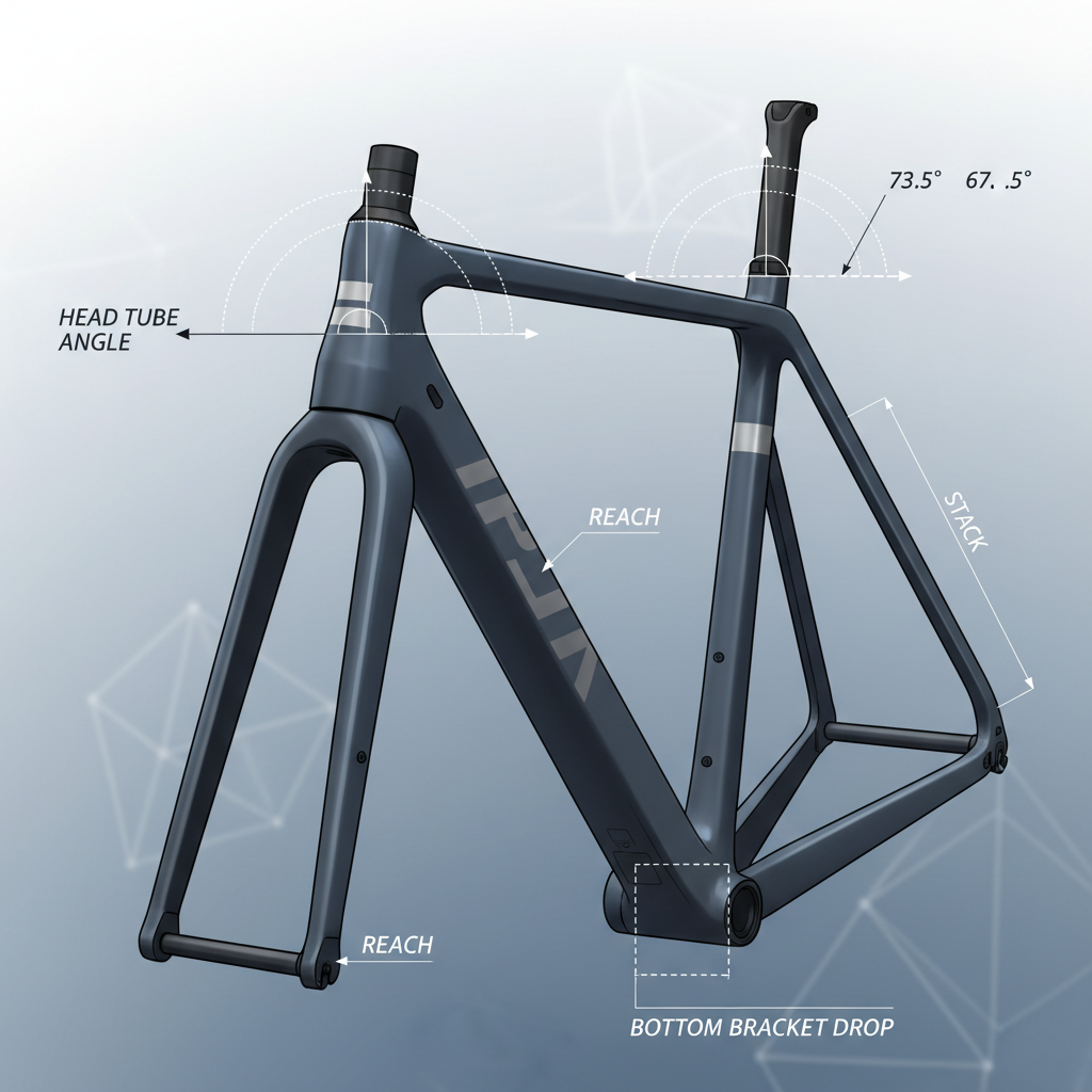 Detalhe da geometria de um quadro de mountain bike, revelando os ângulos do tubo da caixa de direção e do tubo do selim, essenciais para o desempenho na trilha.