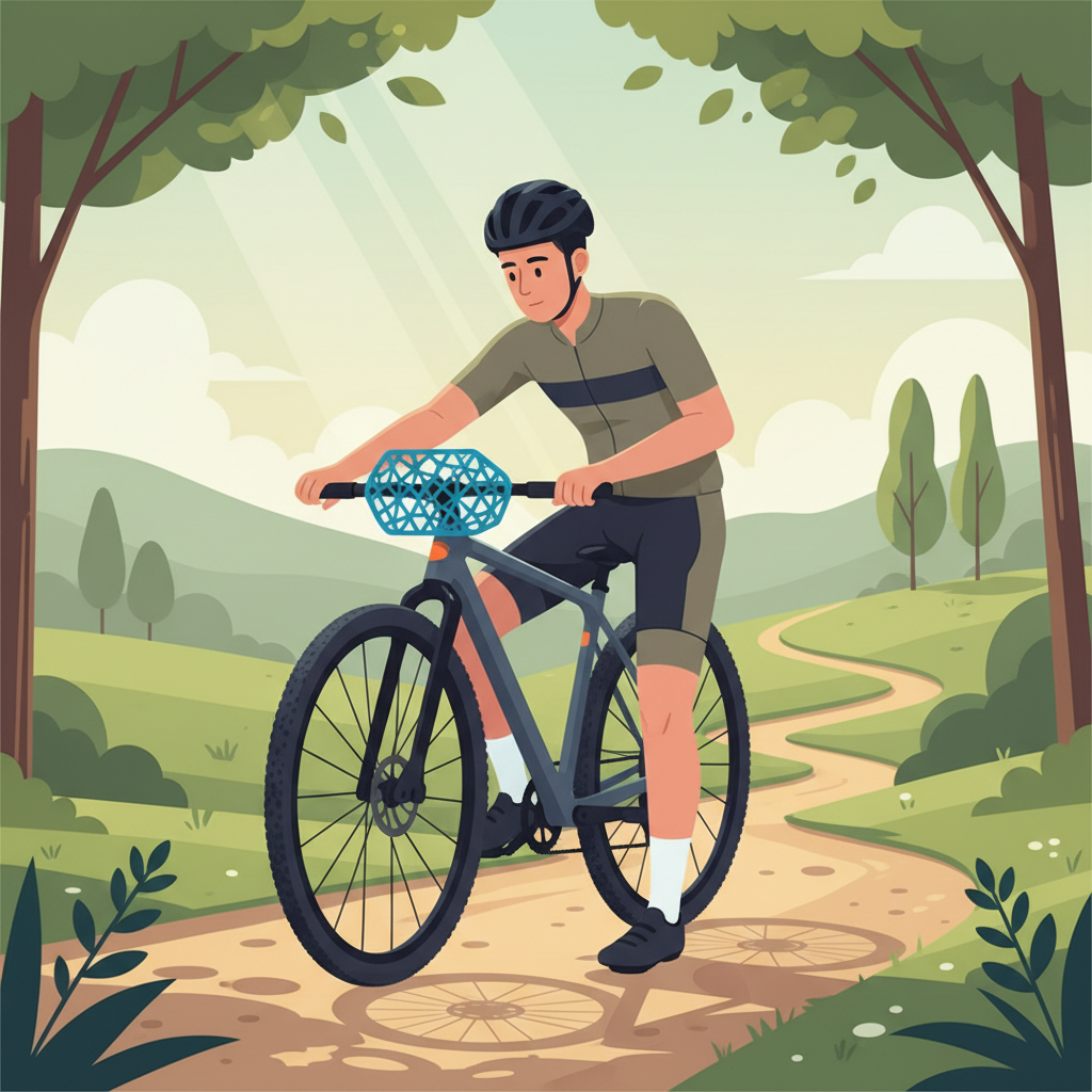 Um ciclista de MTB ajustando um componente personalizado e impresso em 3D em sua bicicleta, demonstrando a facilidade de adaptação e reparo em campo.