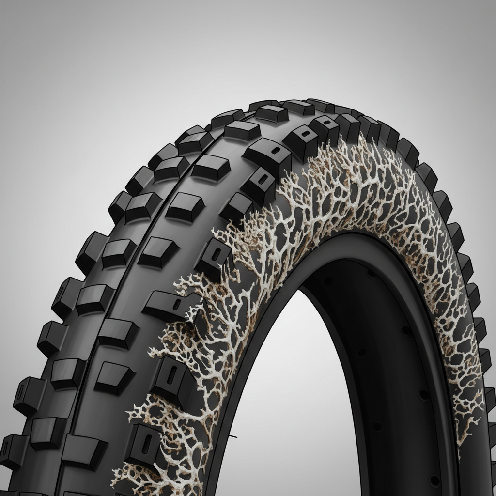 Visão interna de um pneu de MTB, mostrando o resíduo seco do selante antigo. A remoção e substituição periódica garantem a eficácia do sistema tubeless.