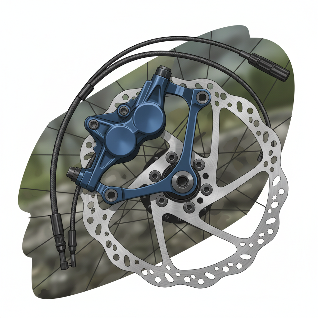 Sistema de freio a disco hidráulico de alta performance em uma mountain bike, essencial para segurança e controle em trilhas.