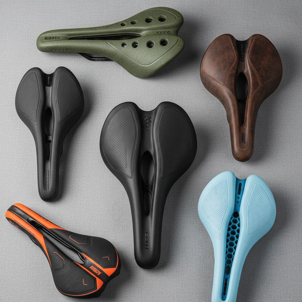 Detalhe de vários designs de selins de mountain bike, apresentando diferentes formatos, recortes e materiais de estofamento.