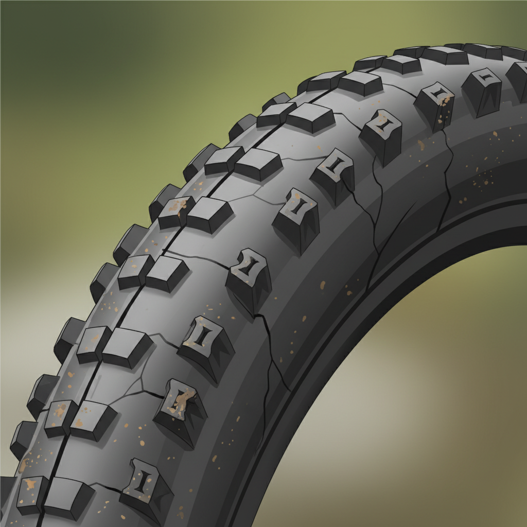 Pneu de mountain bike evidenciando desgaste lateral e na banda de rodagem, um claro sinal para atenção.