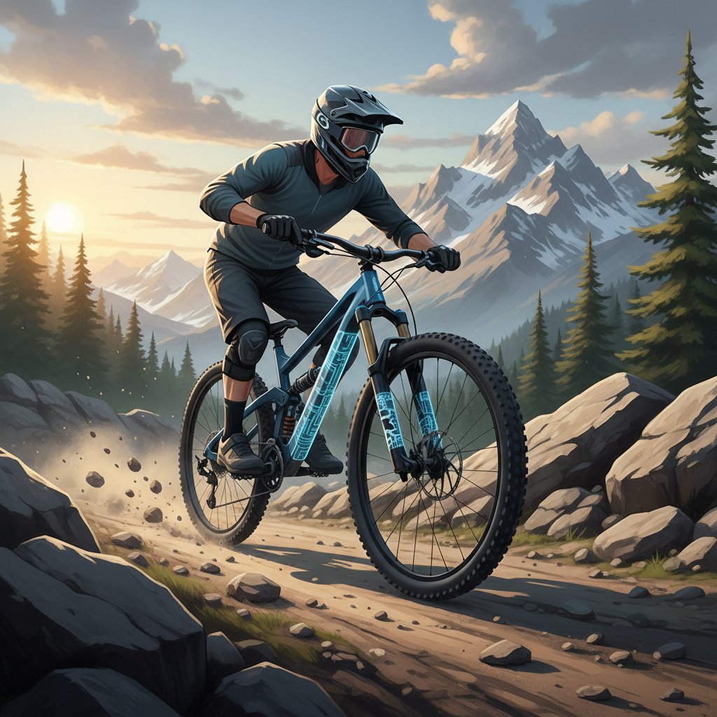 Ciclista de mountain bike em trilha, com partes do quadro e garfo destacadas com protetores transparentes de alta tecnologia.