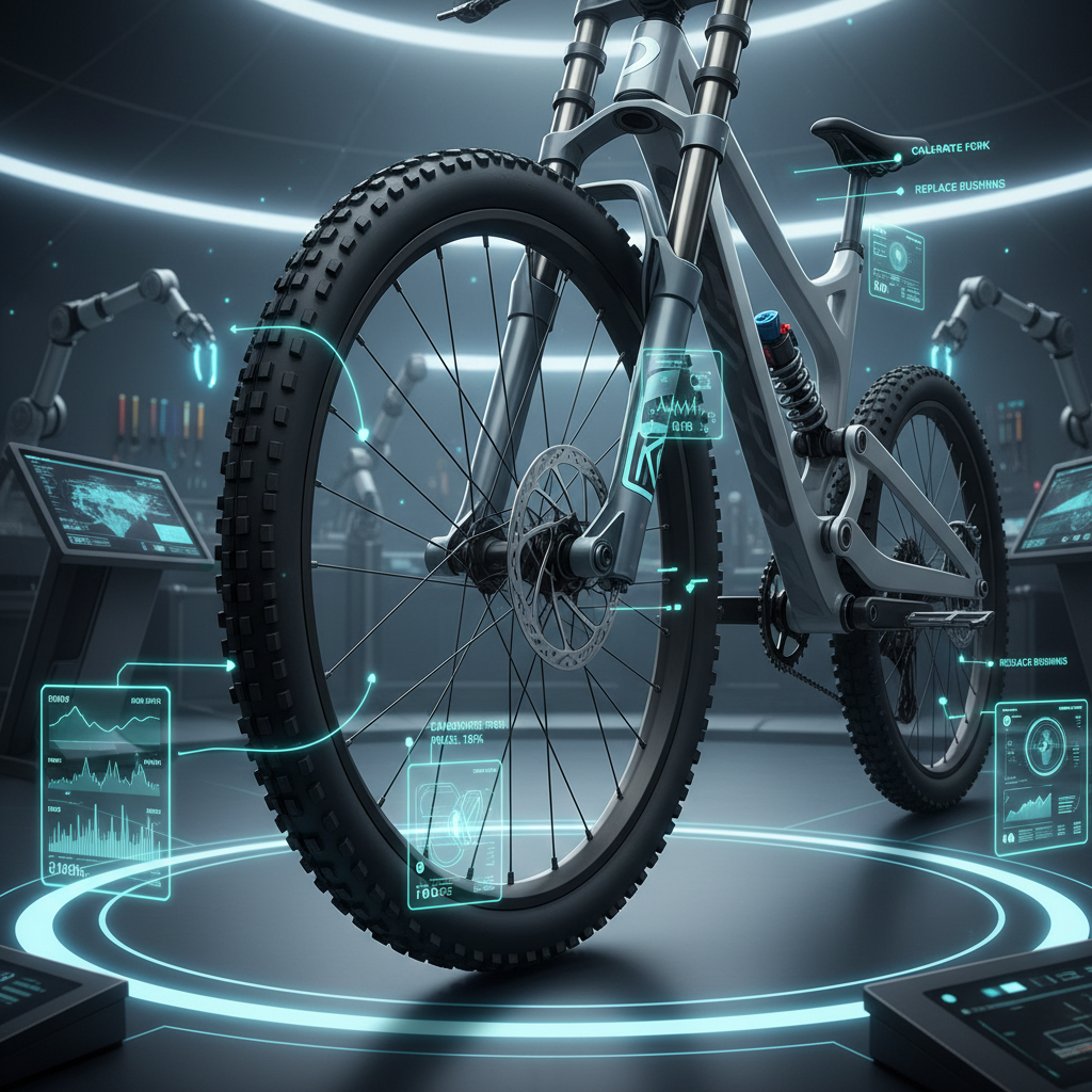 Detalhe de uma suspensão de MTB com projeções de realidade aumentada indicando os pontos de ajuste e as instruções de reparo.
