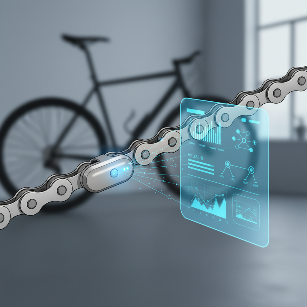 Um sensor IoT futurista acoplado a uma corrente de bicicleta, transmitindo dados sem fio para uma interface digital, ilustrando a coleta de informações em tempo real.