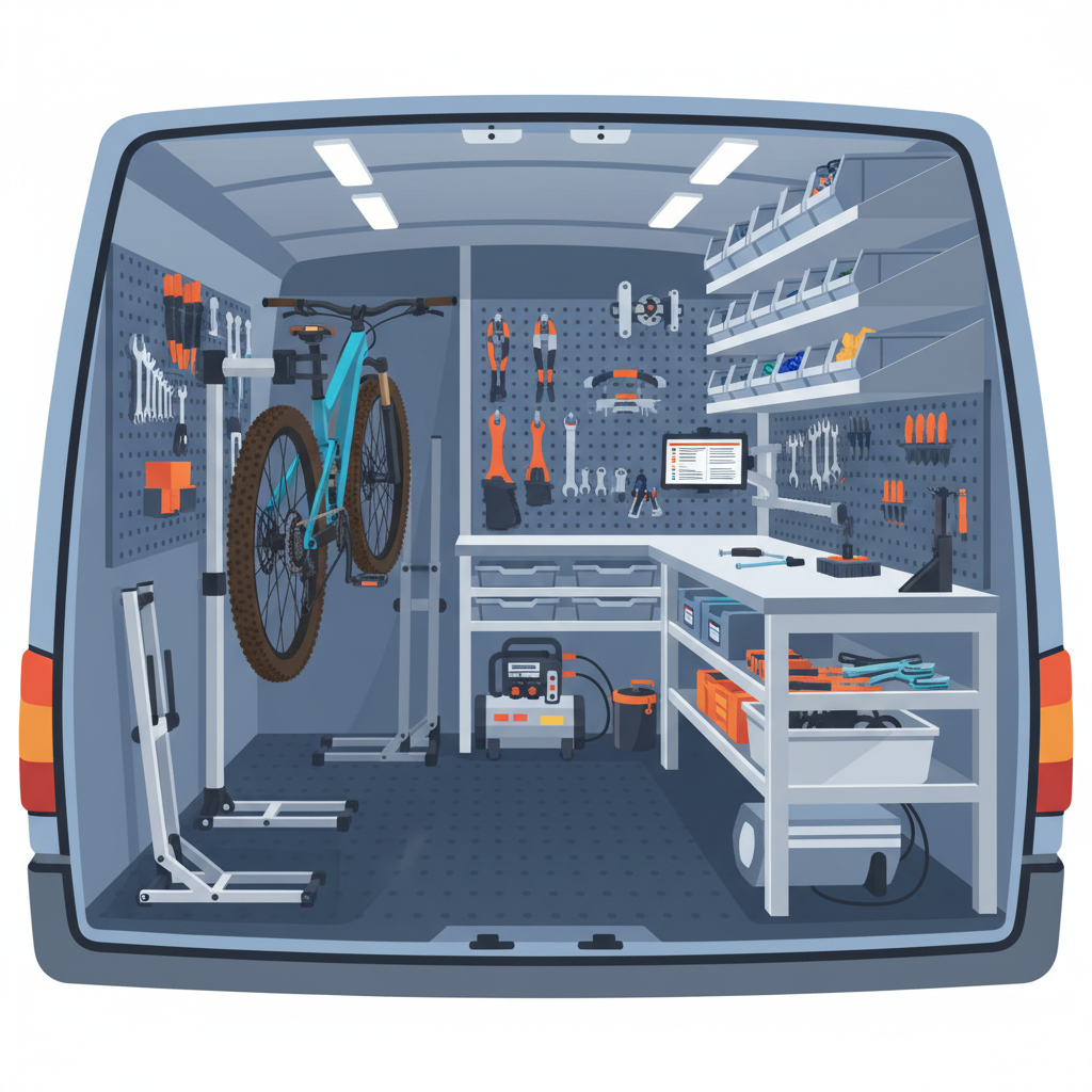 Visão detalhada do interior de uma oficina móvel, equipada com ferramentas essenciais e peças de reposição, demonstrando profissionalismo e capacidade de atendimento completo.