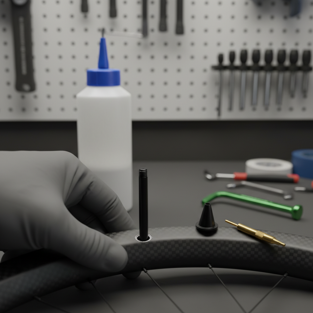 Detalhe da instalação de uma válvula tubeless em um aro de mountain bike, passo essencial para a conversão.
