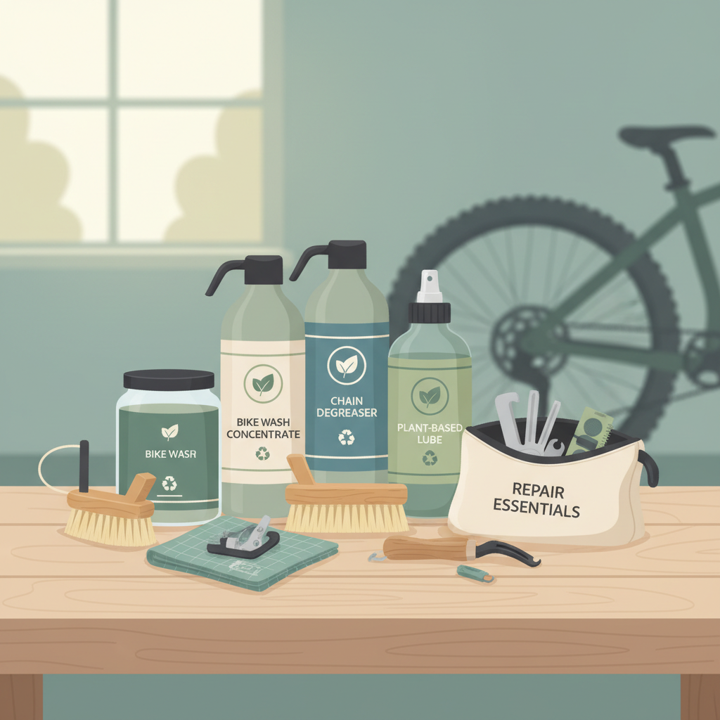 Uma coleção de produtos de limpeza, lubrificantes e kits de reparo ecológicos, destacando opções sustentáveis para a manutenção de MTBs.