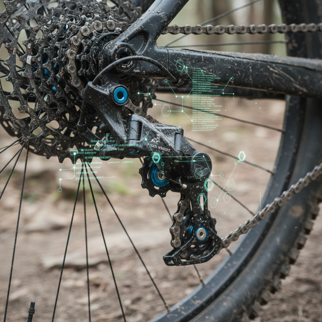 Detalhe de um componente de MTB de alta performance com sobreposição digital, ilustrando a rastreabilidade e autenticidade garantidas pelo blockchain.