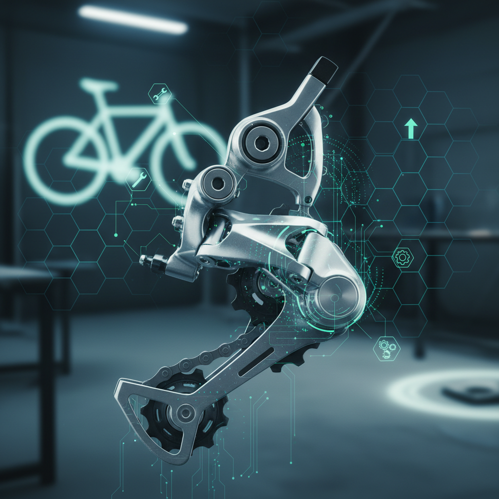Detalhe de um componente de bicicleta com elementos visuais de análise de dados, simbolizando a precisão da manutenção preditiva com IA na detecção de problemas.