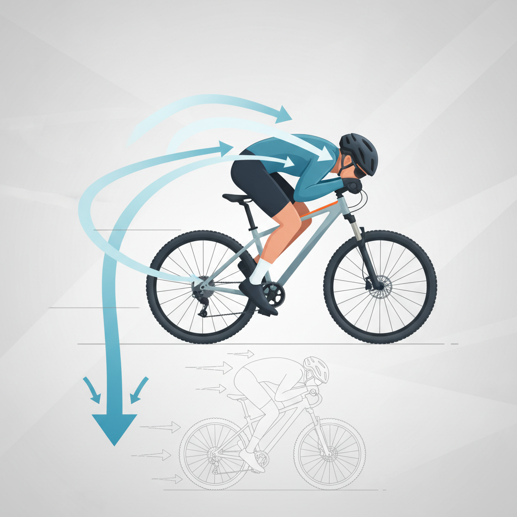 Ilustração detalhada dos princípios aerodinâmicos aplicados à posição de um ciclista de MTB, mostrando como o fluxo de ar é otimizado com uma postura adequada.