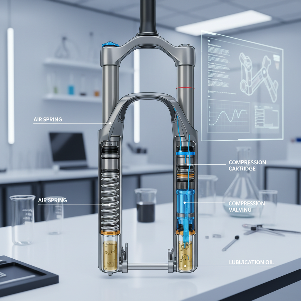 Vista detalhada de um garfo de suspensão de MTB, revelando seus componentes internos e sistemas de lubrificação em um ambiente de laboratório tecnológico.