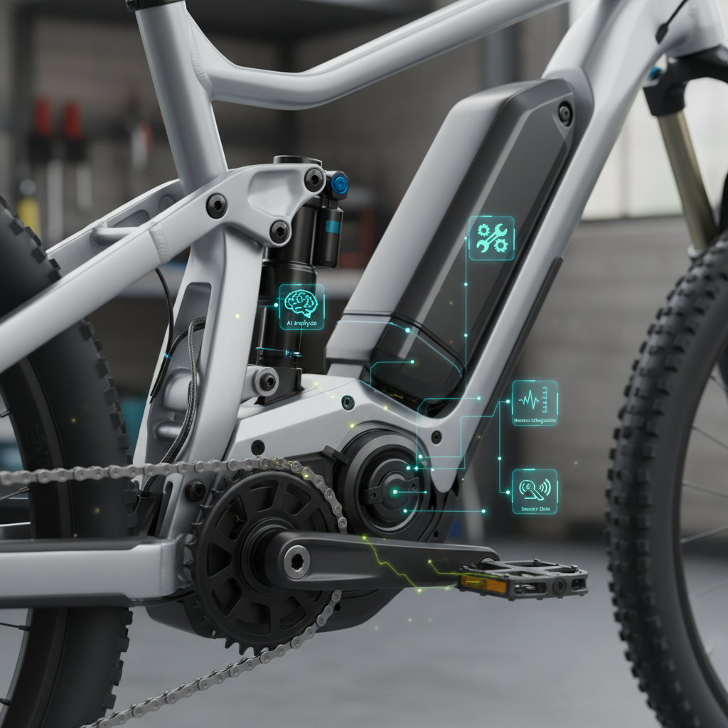 Detalhe do motor e bateria de uma e-MTB, com indicadores holográficos sutis de dados de sensores, ilustrando a capacidade de diagnóstico remoto e análise de IA.